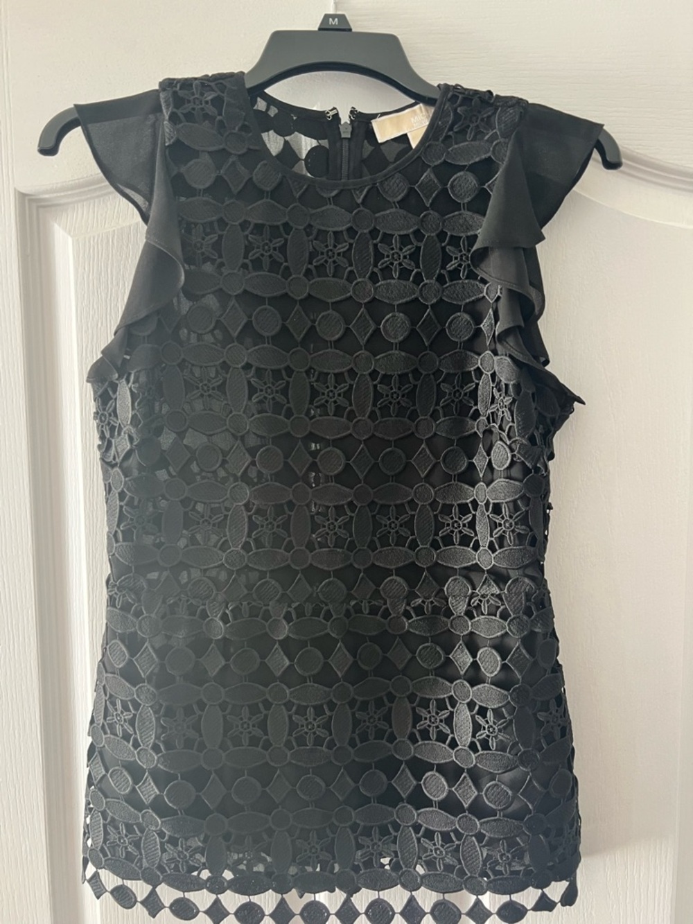 Michael Kors Black Lace Overlay Ruffle Sleeve Blouse